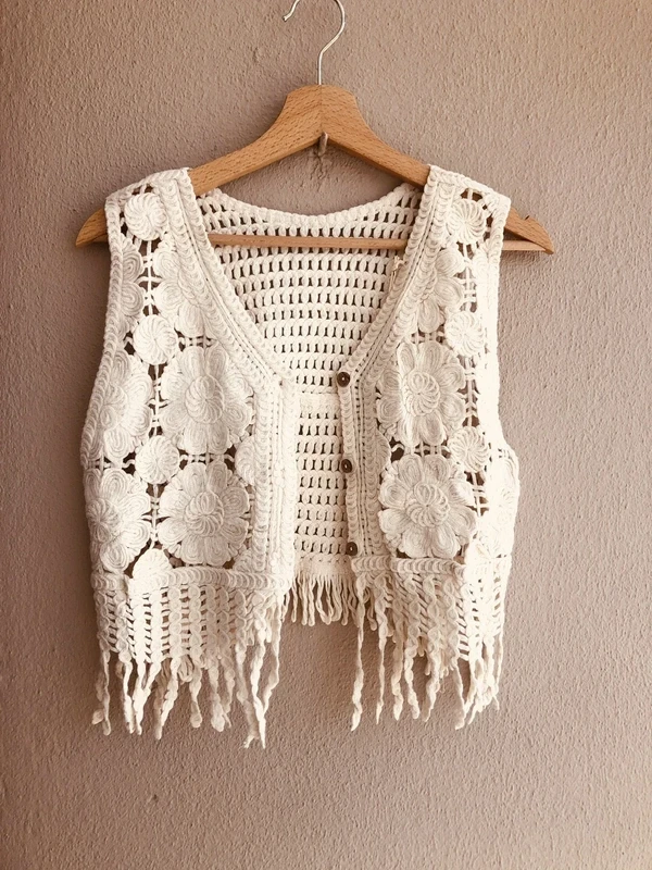 Colete em crochet boho com franjas – Novo em Branco creme – photo 7